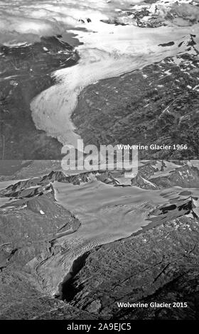 Répétez les photographies obliques de Wolverine glacier en Alaska. Image 1966 par l'USGS, 2015 Photographe inconnu de droit par L. Sass, USGS. Banque D'Images