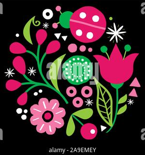 L'art populaire floral vector conception, dessin de fleurs et coccinelle en vert et rose - carte de vœux ou Scandinave, invitation style dessiné à la main Illustration de Vecteur