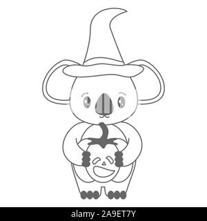 Cute cartoon noir et blanc koala avec halloween citrouille vector illustration de l'art à colorier Illustration de Vecteur