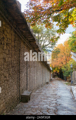 Allée allée chemin en automne, parc avec arbres colorés et mur de pierre Banque D'Images