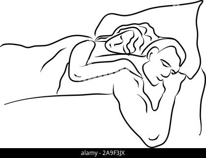 Homme et femme dans la chambre. Dormez dans le lit. Illustration, silhouette. Femmes et hommes, roman Illustration de Vecteur