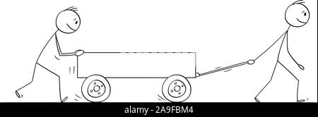 Vector cartoon stick figure dessin illustration conceptuelle de deux hommes d'affaires ou poussant vide ou charrette ou pushcart. Illustration de Vecteur