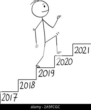 Vector cartoon stick figure dessin illustration conceptuelle de l'homme d'affaires ou en montant les escaliers escalier ou un escalier ou à l'année nombre de chaque étape. Concept d'entreprise de croissance dans le temps. Illustration de Vecteur