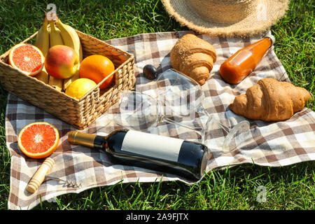 Composition de pique-nique avec du vin et de l'alimentation contre l'herbe verte. L'espace vide sur la bouteille Banque D'Images