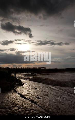 Un moody marais à marée basse avec une passerelle traversant un dyke boueux Banque D'Images