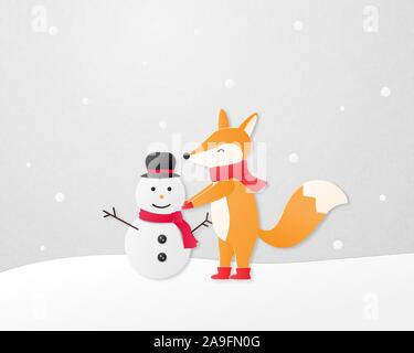 Concept art du papier. Un heureux fox construire un bonhomme de neige sur le champ dans un papier coupé style. Illustration de Vecteur