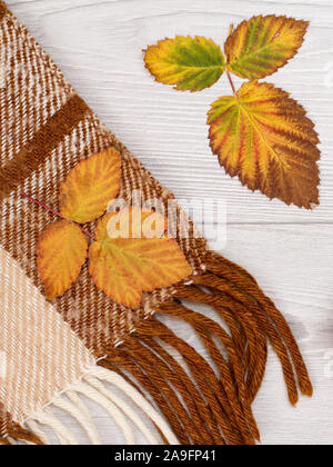 Plaid laine à carreaux et sécher les feuilles jaune et marron sur fond de bois. Encore un automne llife. Vue d'en haut. Banque D'Images