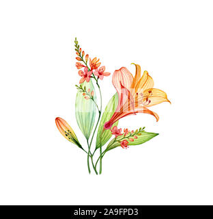 Transparent aquarelle bouquet avec Lily de freesia et de feuilles. Fleurs tropicales colorées isolé sur blanc. Fleurs de mariage d'illustration botanique Banque D'Images