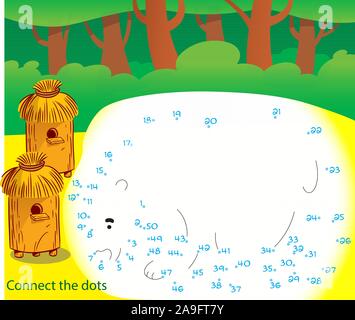 Dans l'illustration vectorielle, un casse-tête où vous devez relier les points et d'attirer un ours qui a grimpé au rucher Illustration de Vecteur