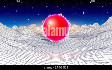 80s style synthwave paysage avec red power ou boule de plasma et de grille sur les montagnes planète arcade Illustration de Vecteur
