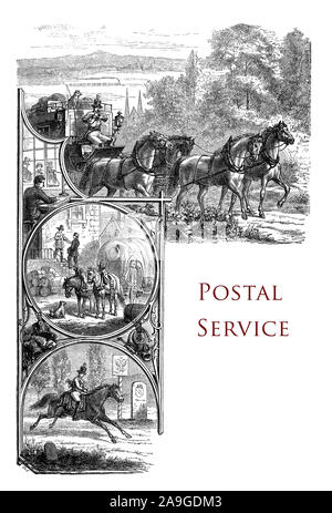 Vintage chapitre page décrivant l'histoire du service postal avec illustration d'un messager à cheval et chariot postal Banque D'Images