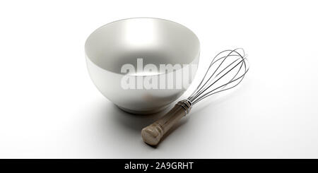 Fouet et saladier pour mélanger, battre contre isolé sur fond blanc. Acier inoxydable métal kitcenware d'ustensiles. 3d illustration Banque D'Images