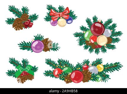 Décorations colorées de spruce bouquets pour les vacances d'hiver. Vector illustration Illustration de Vecteur