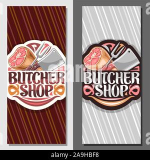 Bannières verticales vecteur pour butcher shop, coupon avec illustration de jambe premium jambon, grande fourchette et Cleaver, bon avec la brosse d'origine pour lettrage Illustration de Vecteur