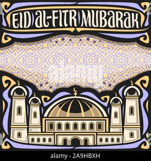 Vector affiche pour maison de l'Eid al-Fitr avec copie espace, headline avec s'épanouit, police calligraphique pour mots Eid al Fitr Moubarak, illustration de mosq Illustration de Vecteur