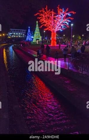 Bournemouth, Dorset, Royaume-Uni. 15 novembre 2019. Des milliers de visiteurs, de familles et d'enfants excités affluent dans les jardins de Bournemouth bravant le froid pour l'ouverture de l'arbre de Noël Wonderland de Bournemouth. De retour pour sa 2e année avec un affichage encore plus grand et meilleur avec plus de 100 arbres scintillants et illuminations. Certains des arbres sont thématiques pour représenter six villes à travers le monde. Les visiteurs peuvent suivre le sentier. Crédit : Carolyn Jenkins/Alamy Live News Banque D'Images