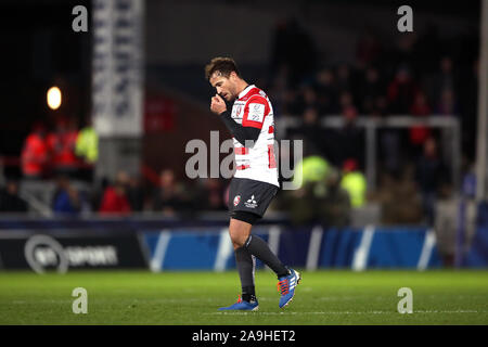 Gloucester Rugby's Danny Cipriani apparaît déprimé après avoir perdu la piscine cinq match de la Heineken Cup match des champions à Kingsholm, Gloucester. Banque D'Images