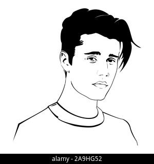 Justin Bieber, portrait d'art de la ligne de carton, la carpe à vecteur. Chanteur célèbre en Amérique. Design pour t-shirt, bannière, après les médias sociaux. Illustration de Vecteur