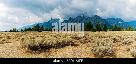 Vue panoramique du Grand Teton Rocheuses sur un jour de tempête avec des nuages d'orage, des champs ouverts, des forêts et de l'armoise. Banque D'Images