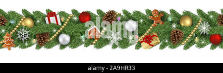 Une bannière de Noël avec des branches de pins et décorations de Noël Banque D'Images