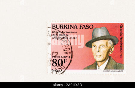 SEATTLE WASHINGTON - Le 5 octobre 2019 : le Burkina Faso timbre-poste de 1988 avec Mohamed Ali Jinnah. Banque D'Images