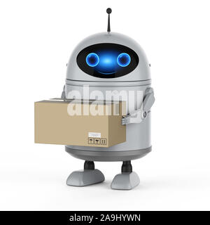Le rendu 3D android robot dans l'entrepôt avec boîte en carton Banque D'Images