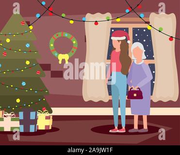 Grand-mère et fille dans chambre avec décoration de Noël Illustration de Vecteur