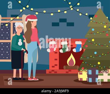 Grand-mère et fille dans chambre avec décoration de Noël Illustration de Vecteur