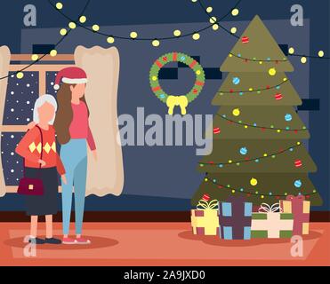 Grand-mère et fille dans chambre avec décoration de Noël Illustration de Vecteur