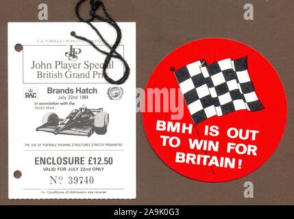 Billet pour boîtier John Player Special Grand Prix de Grande-Bretagne à Brands Hatch, le 22 juillet 1984 Banque D'Images