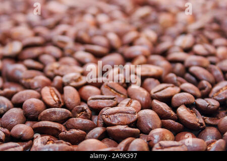 Les grains de café torréfiés fond. arabica et robusta mélange. faible profondeur de champ Banque D'Images