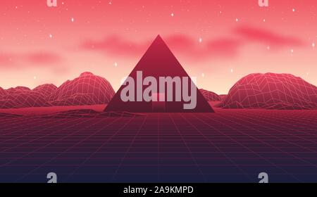 Ancienne pyramide mystérieuse dans un style années 80 avec paysage néon rouge ciel et montagnes en retrowave, synthwave graphiques style Illustration de Vecteur