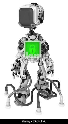 La figure du robot de l'écran vers le bas filaire pose caractère tampon verrouillé, 3d illustration, vertical, isolé Banque D'Images