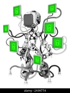La figure du robot de l'écran présentent un caractère verrouillé câblé pads, 3d illustration, vertical, isolé Banque D'Images