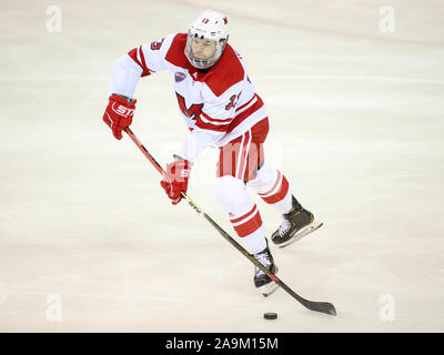 Oxford, Ohio, USA. 15 Nov, 2019. Miami's Ben Kraws pendant une partie de hockey entre les NCAA Miami Redhawks et le Minnesota Duluth Bulldogs au Goggin Ice Centre à Oxford, Ohio. Kevin Schultz/CSM/Alamy Live News Banque D'Images