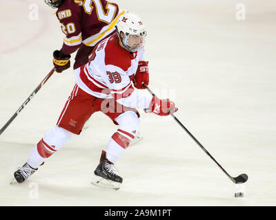 Oxford, Ohio, USA. 15 Nov, 2019. Miami's Casey Gilling pendant une partie de hockey entre les NCAA Miami Redhawks et le Minnesota Duluth Bulldogs au Goggin Ice Centre à Oxford, Ohio. Kevin Schultz/CSM/Alamy Live News Banque D'Images