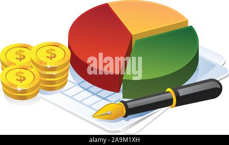 3D Illustration de graphique, pièce d'un dollar et un stylo. L'icône de l'administration et des finances. Illustration de Vecteur