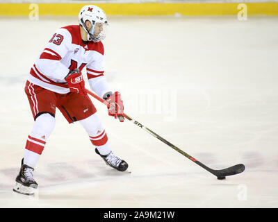 Oxford, Ohio, USA. 15 Nov, 2019. Miami's Derek Daschke pendant une partie de hockey entre les NCAA Miami Redhawks et le Minnesota Duluth Bulldogs au Goggin Ice Centre à Oxford, Ohio. Kevin Schultz/CSM/Alamy Live News Banque D'Images