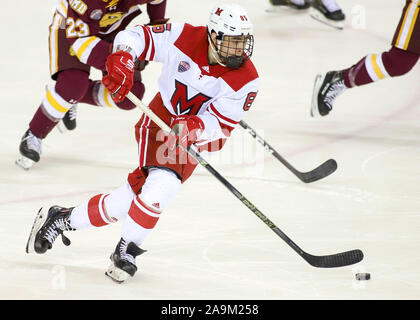 Oxford, Ohio, USA. 15 Nov, 2019. Miami's Karch Bachman lors d'une partie de hockey entre les NCAA Miami Redhawks et le Minnesota Duluth Bulldogs au Goggin Ice Centre à Oxford, Ohio. Kevin Schultz/CSM/Alamy Live News Banque D'Images