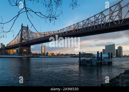 Ed Koch Queensboro Bridge Panorama shot de Roosevelt Island avec la rivière est visible au coucher du soleil. Avec des branches d'arbre et de l'embarcadère des ferries. Banque D'Images