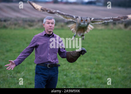 Glasgow, Royaume-Uni. 16 novembre 2019. Sur la photo : Willie Rennie MSP - Leader du Parti Libéral Démocrate écossais, qui posent avec le Sage hibou. Leader des libéraux démocrates écossais Willie Rennie visite le centre de fauconnerie à Cluny pour mettre en lumière la menace Brexit pose sur l'environnement et de la biodiversité. Crédit : Colin Fisher/Alamy Live News Banque D'Images