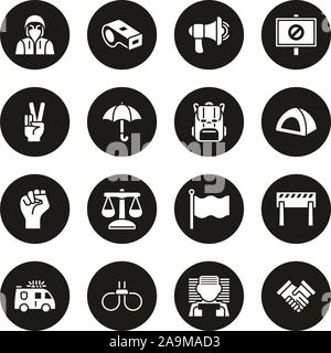 Manifestation pacifique Icons Set Cercle Blanc sur noir Illustration de Vecteur