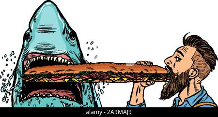 requins et hommes qui mangent des sandwichs fast food. La faim et le concept de la nourriture de rue. Illustration de Vecteur