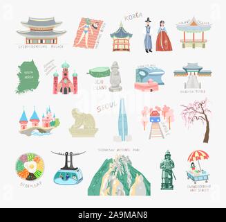 Ensemble de sites d'illustration vectorielle télévision doodle de Corée du Sud pour les cartes de voyage Illustration de Vecteur