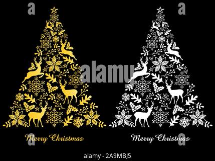 Carte de Noël avec de l'or et blanc abstrait, arbres d'ornement, vector illustration Illustration de Vecteur