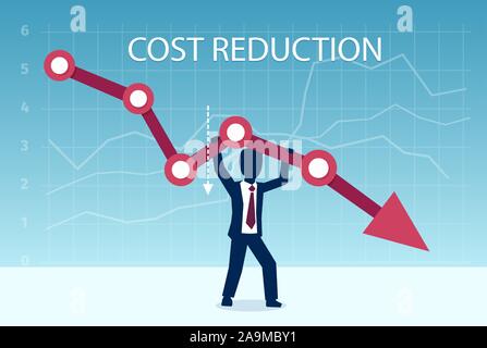 Concept de réduction des coûts. Vecteur d'un businessman tirant une flèche du graphique. Illustration de Vecteur