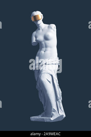 Modèle 3D avec lunettes VR Aphrodite d'or sur fond bleu. Conception de l'art à l'intérieur de la réalité virtuelle. 3D Illustration. Banque D'Images