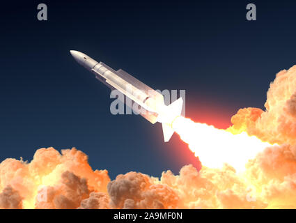 Lancement d'une fusée militaire dans les nuages de feu. 3D Illustration. Banque D'Images