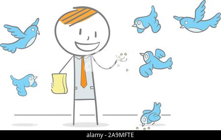 Doodle illustration de businessman nourrir les oiseaux Illustration de Vecteur