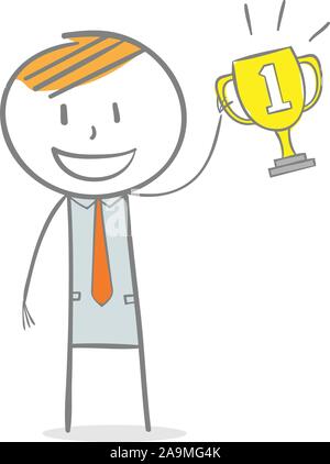 Doodle stick figure : première place. Businessman holding a trophy Illustration de Vecteur